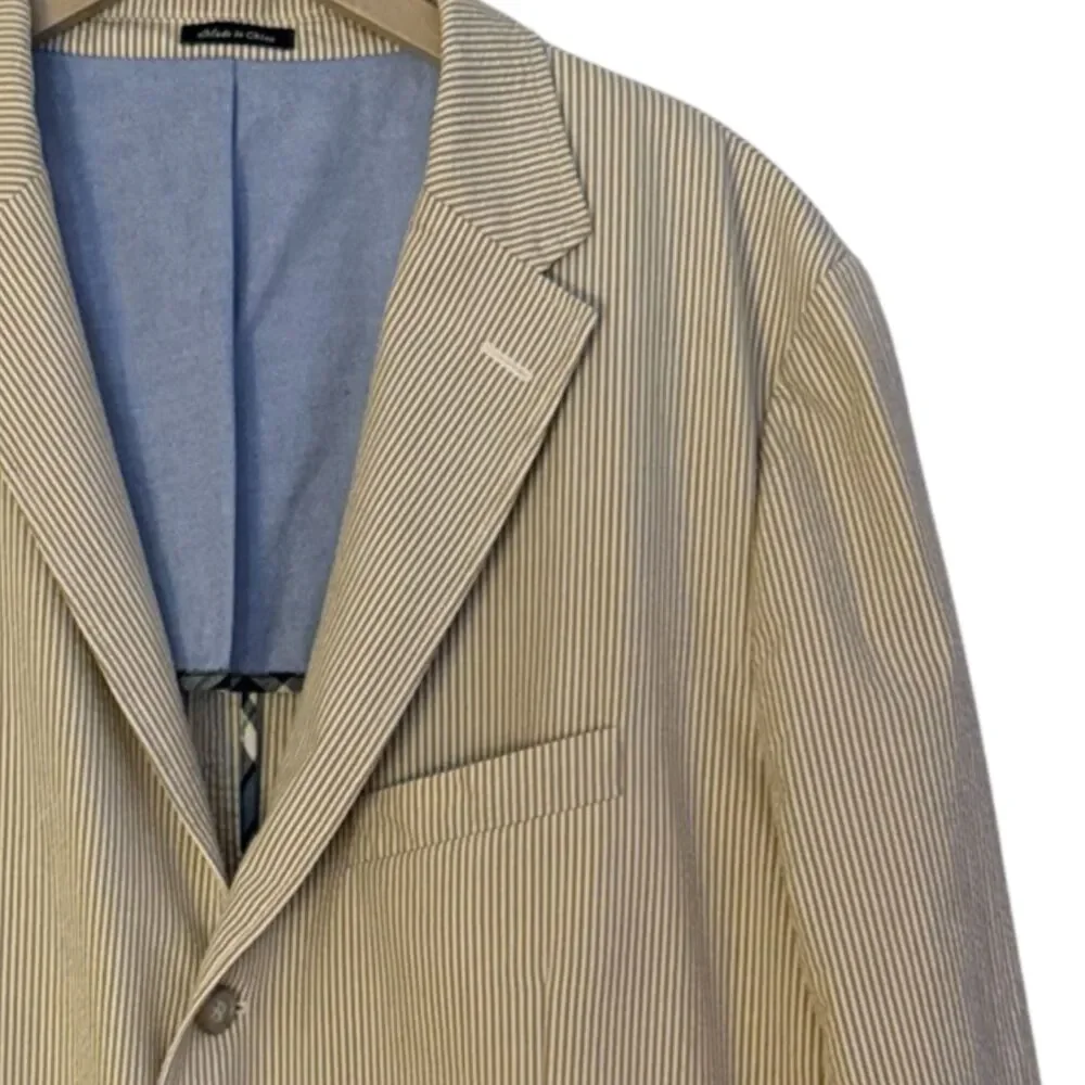 J Crew Seersucker Blazer Mens Size 46 Long Khaki White Striped Cotton Sport Coat